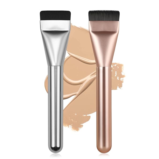 2Pcs Flat Foundation Brush,Face Mask Brush Makeup Spatula Facial Brush for Liquid Foundation Mask,Premium Face Korean Makeup Brush for Blending Cream (Silver&Rose Gold)