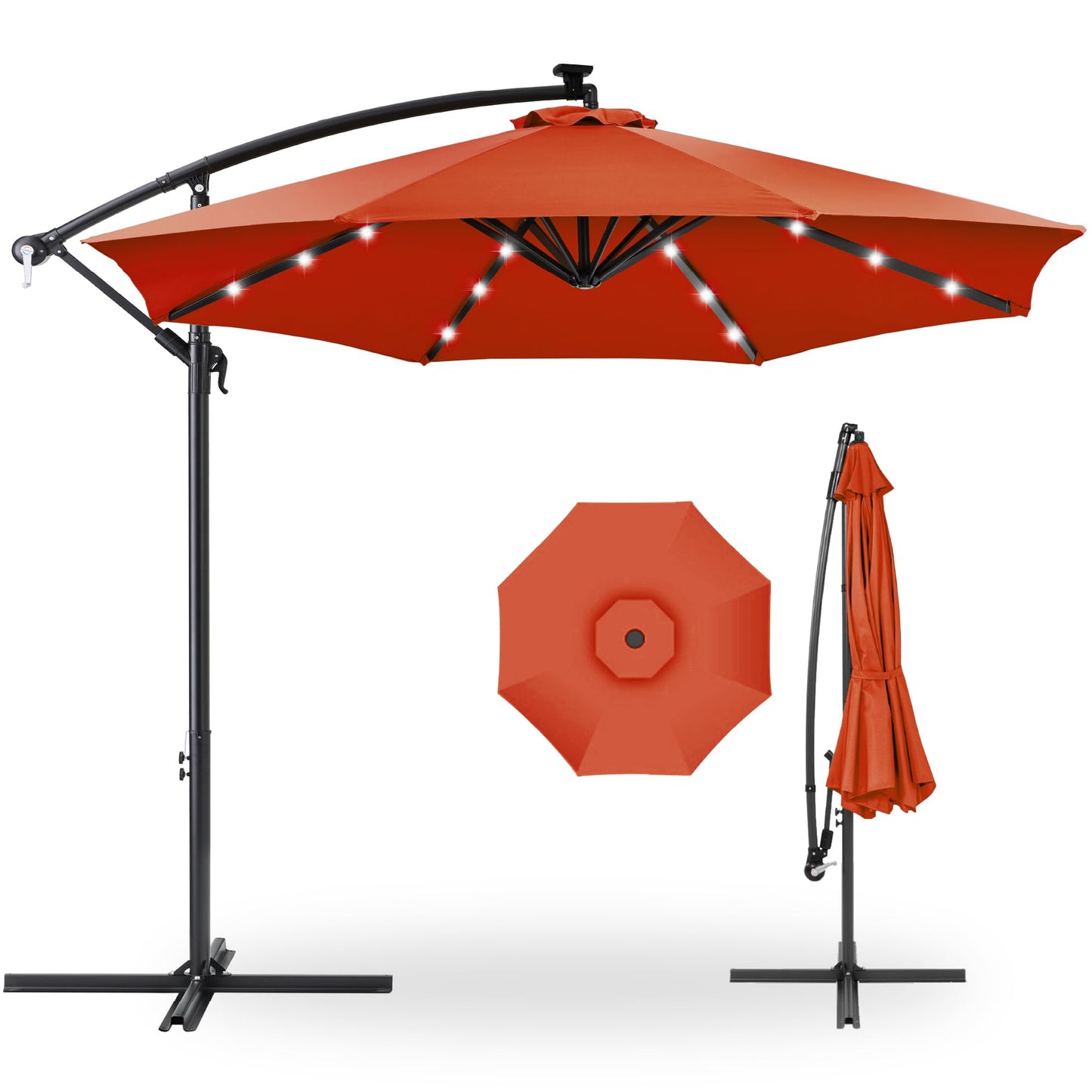 Best Choice Products 10ft Solar LED Offset Cantilever Hanging Market Patio Umbrella, 8 Sturdy Ribs, Easy Adjustment - Rust