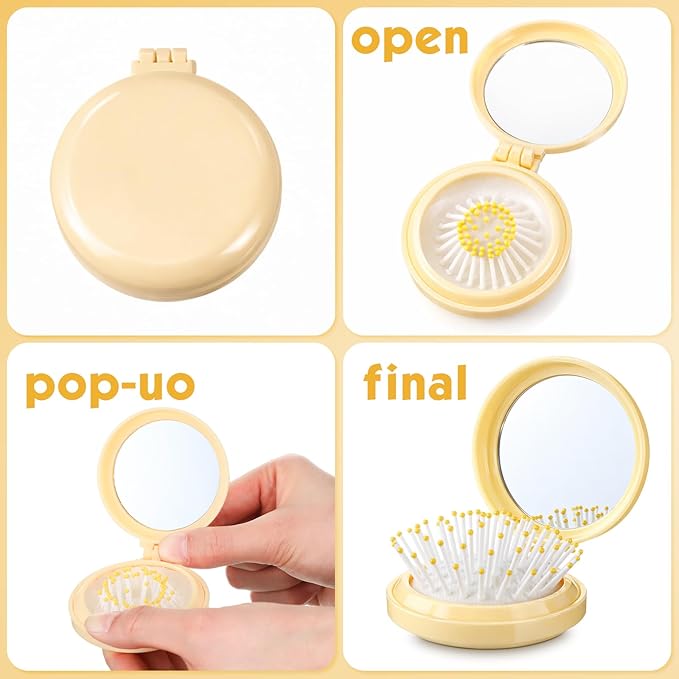 Boao 2 Pack Foldable Travel Mirror Hair Brushes Round Portable Folding Pocket Hair Brush Mini Comb Compact Travel Size Massage Comb for Men Women(Yellow,Round)