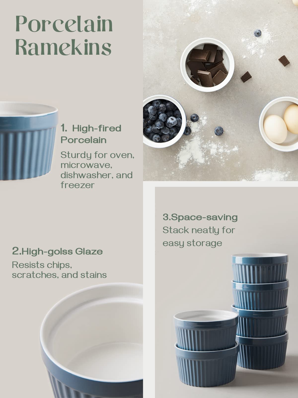 DOWAN 8 oz Porcelain Ramekins Bowls for Souffle, Creme Brulee, Classic Style Ramekins for Baking Oven Safe, Set of 6, Airy Blue