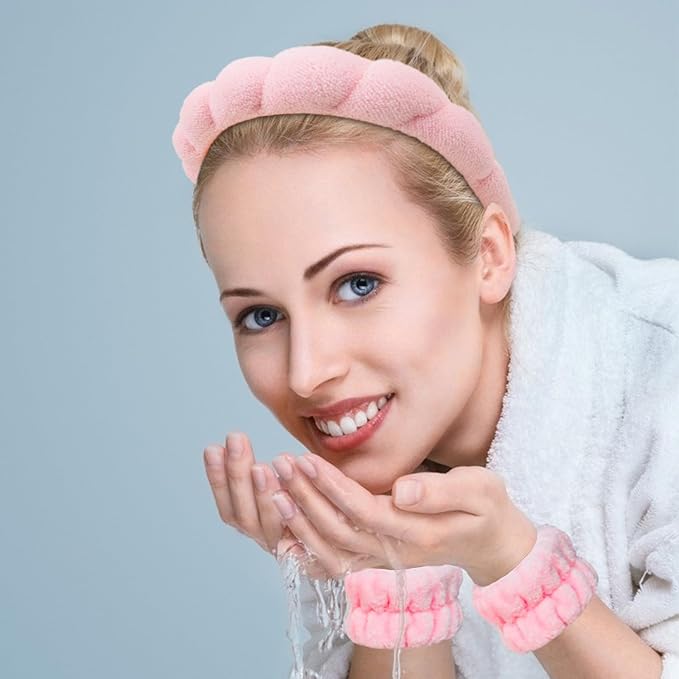 Casoty Spa Headband with Wristband Set, Pink Terry Cloth Non-Slip Hairband Soft Stretchy Skincare Makeup Headwear for Washing Face Yoga Daily Women Girls