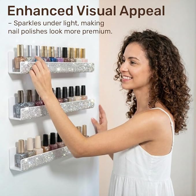 YMVV Nail Polish Wall Shelf - 15-Inch Diamond Crystal Display & Organizer Rack, Holds 60+ Polishes, Soft Ledge for Bedroom, Bathroom, Salon,6 Pack