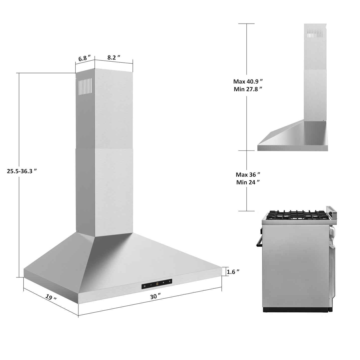 30 inch Wall Mount Range Hood, Touch Control LED Lights, 460 CFM Quiet Kitchen Stainless Steel Vent Hood with 3 Speed Exhaust Fan Ducted/Ductless Convertible, Dishwasher-Safe Baffle Filters