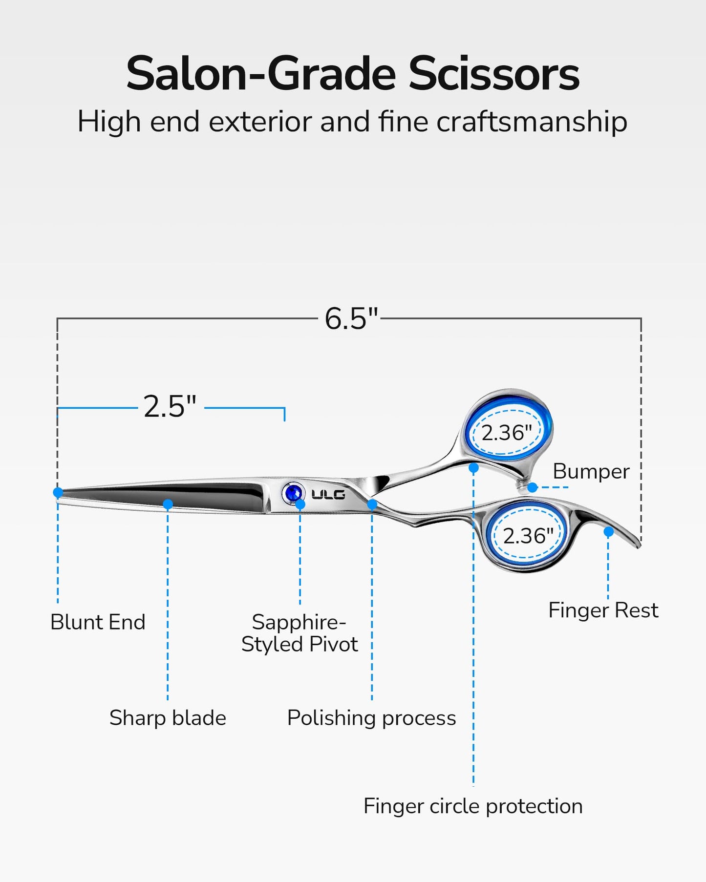 Hair Cutting Scissors for Left Hand, ULG Left-Handed Professional Hair Scissors 6.5-Inch Razor Edge Barber Shears for Salon and Home Hair Cutting Made of Japanese Stainless Steel, Blue Fingerhole Ring
