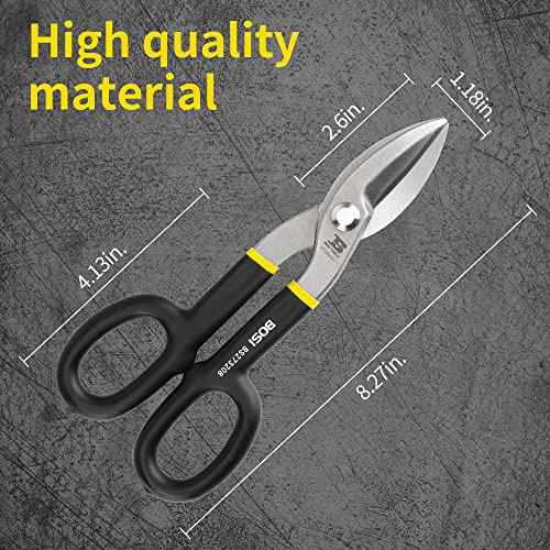 8 Inch Straight Pattern Tin Snips Metal Cutters, High Strength Forged and Heat Treated Carbon Steel with Comfortable Black Rubber Handle