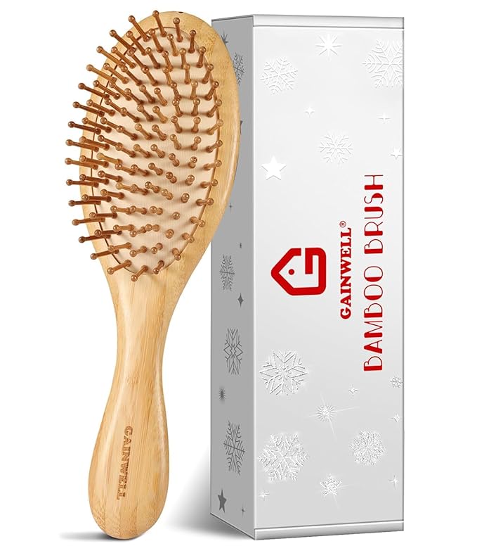 Bamboo Hair Brush for Christmas, Natural Bamboo Bristles Detangling Wooden Paddle Hairbrush for Massaging Scalp, for Women Men and Kids, for All Hair Types, with Ergonomic Handle