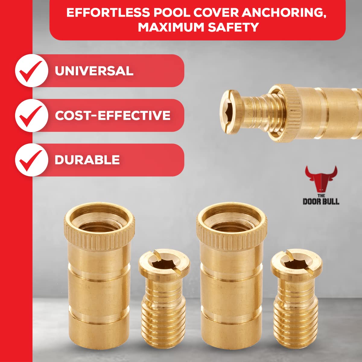 The Door Bull Brass Pool Cover Anchors for Concrete & Pavers Deck, Universal Size Fits 3/4" Hole, Ideal for Inground Pool Safety Covers, Durable & Easy to Install (5 Pack)