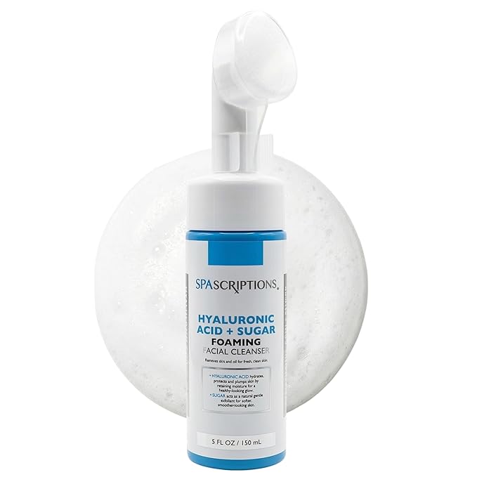 SpaScriptions 2 in 1 Cleanse & Exfoliate Foaming Facial Cleanser - Hydrating Hyaluronic Acid Face Wash with Sugar for Dry Skin with Soft Silicone Brush for Daily Cleansing, All Skin Types, 5 oz