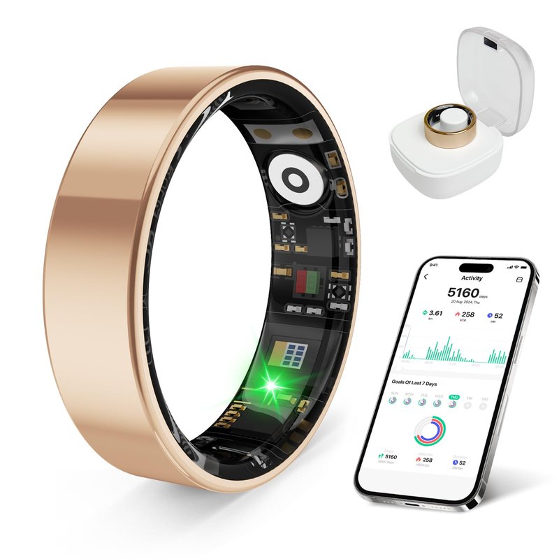 prxxhri Smart Health Ring, Featuring Stress and Sleep Monitoring Functions, Compatible with iOS and Android,Waterproof Fitness Tracker for Women & Men, No Subscription Fee. (Rose Gold, 7)