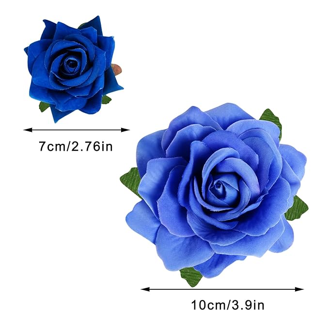 Rose Hair Clip Flower Hairpin Brooch Floral Clips, 4 Pcs Fabric Rose Flowers Hair Clips Mexican Hair Flowers Pin up Headpieces for Woman Girl Wedding Party Mother's Day (2 Sizes) (Blue)