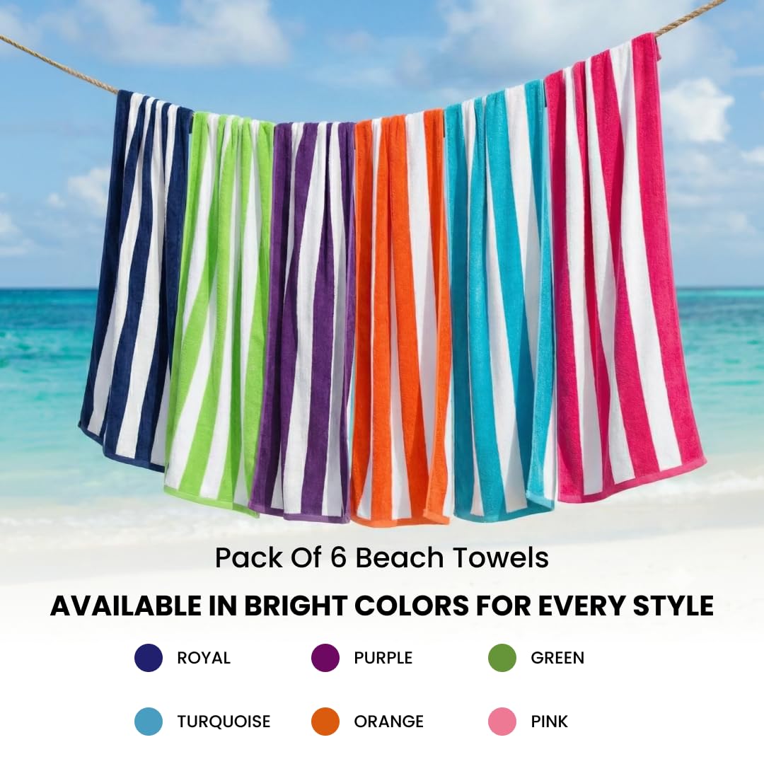 BolBom*S Beach Towels 6 Pack Large 30x60-100% Cotton Beach & Pool Towels Bulk Cabana Stripe - Quick Dry Bath Towel Set for Swim, Beach Essentials, Bathroom, Hot Tub, Yoga, Hotel & Airbnb Guests