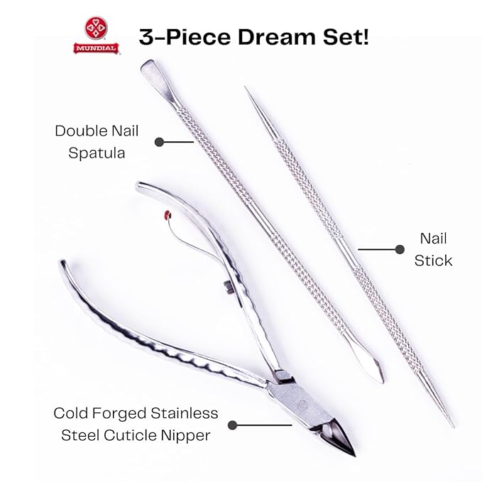 Mundial Nail Care 3 Piece Set - Professional Stainless Steel Cuticle Nippers with Double Nail Spatula and Pusher, Manicure, and Pedicure Trimmer Kit
