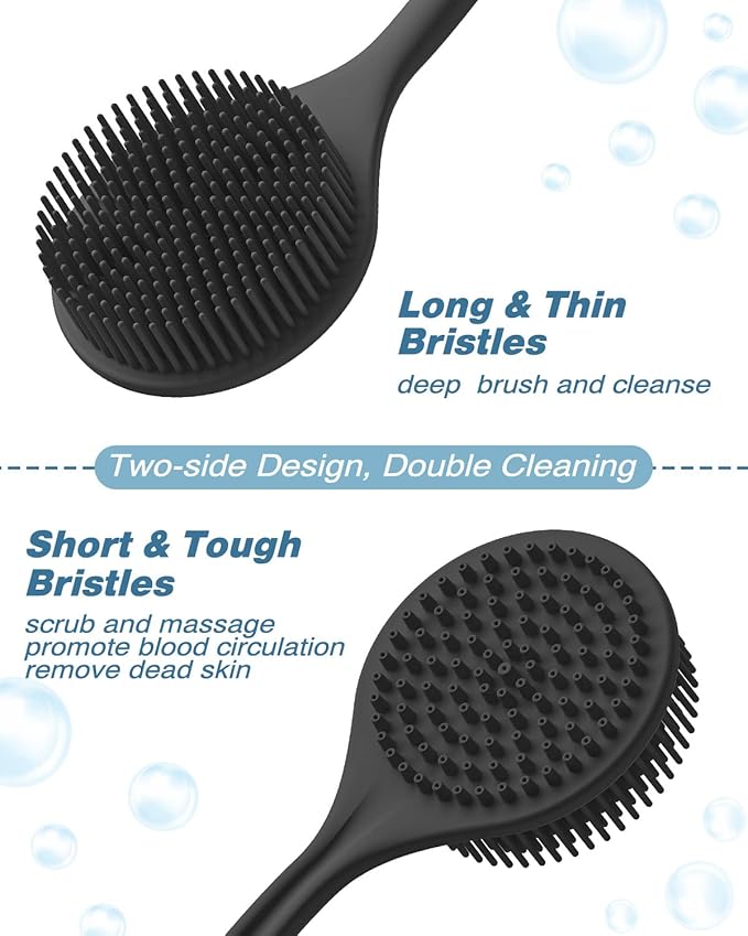 Manmihealth Silicone Back Scrubber (Thin Bristles) & Bath Glove & Face Brush Set(3PCS), Super-Exfoliating & Lathering Body Scrubber, Shower Brush, Face Scrubber Combination, with a Free Hook.(Black)