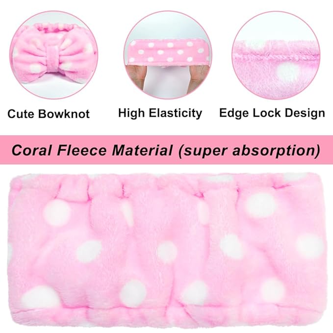 Shintop Women Fashion Lovely Soft Carol Fleece Bowknot Bow Makeup Cosmetic Shower Elastic Hair Band Hairlace Headband (Pink Polka dots)