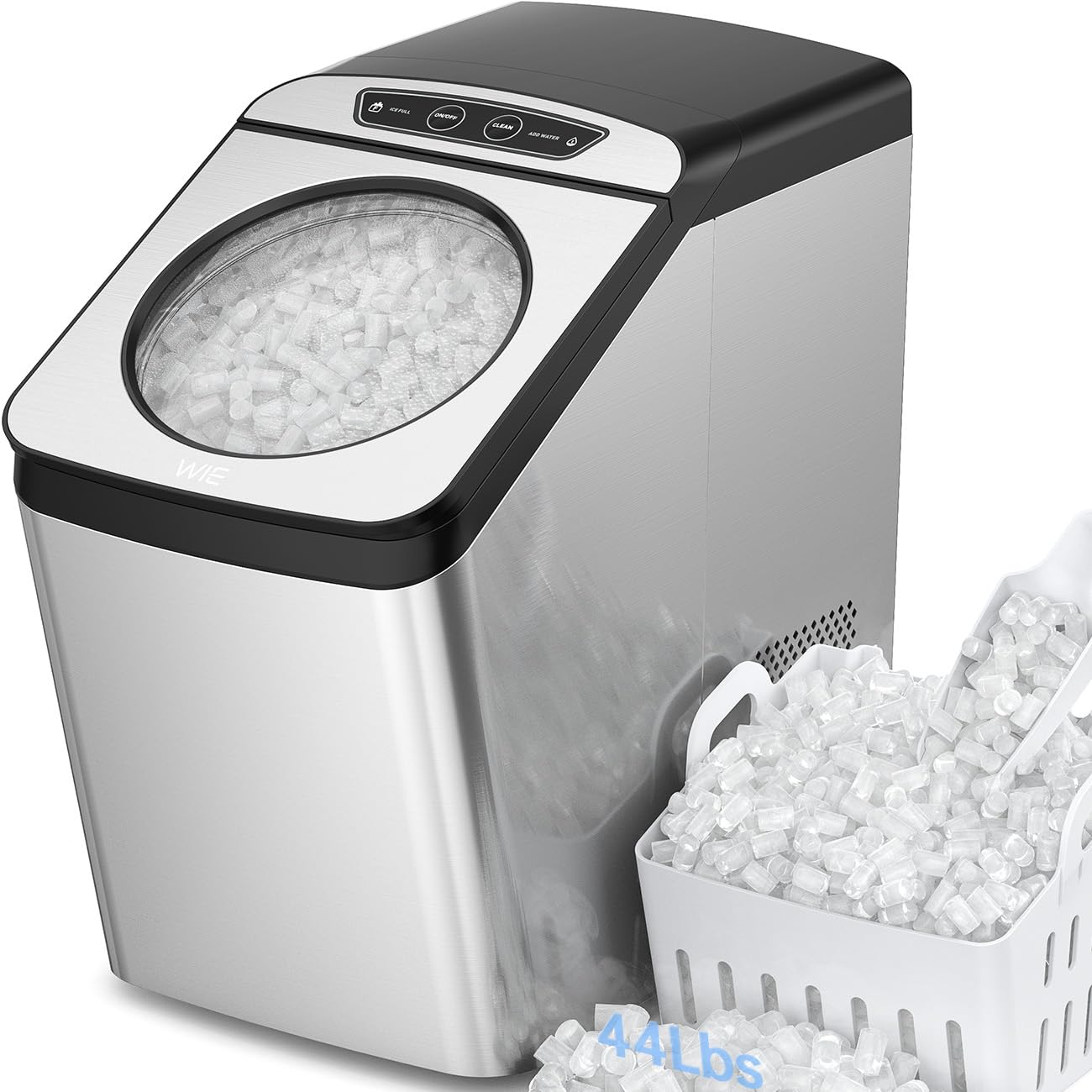 WIE Nugget Ice Maker Countertop, 44 lbs in 24 Hours, Pellet Ice Maker Machine with Self-Cleaning, Scoop & Basket Included, Crushed Pebble Ice Makers for Home, Office, Kitchen, Party