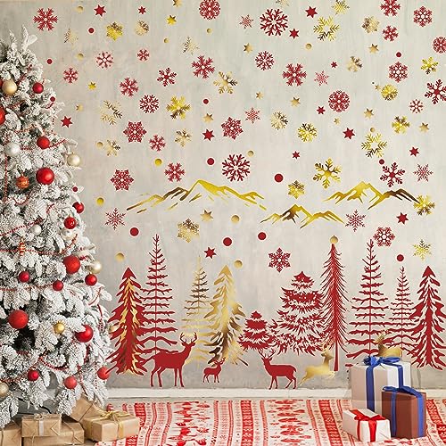 Teling 8 Pieces Winter Snowflake Wall Decals Stickers Dreamy Nursery Forest Woodland Trees Deer Pine Tree Wall Decals for Kids Room Winter Decor(Red, Gold)