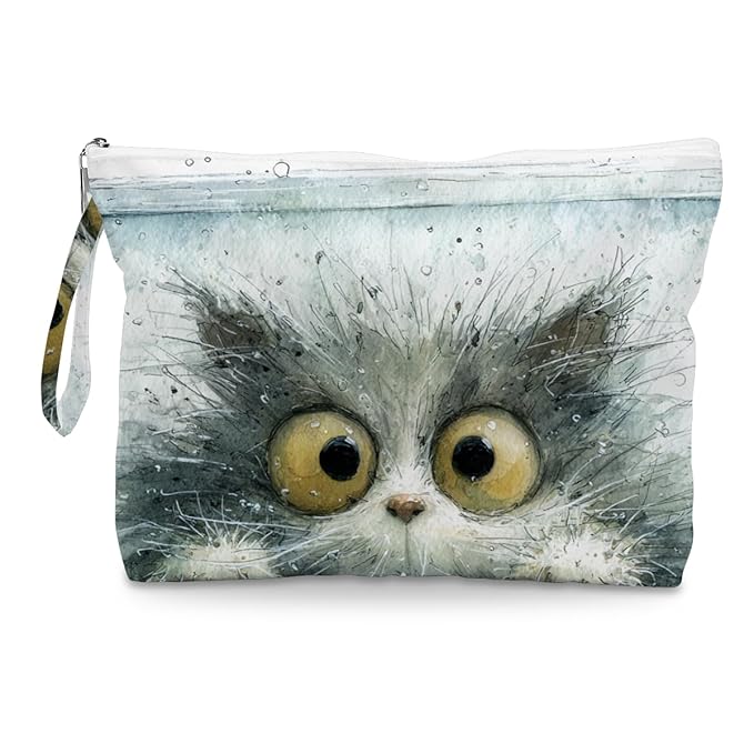 Fokongna Cute Print Wet Bag, Small Portable Waterproof Multi-Functional Organizer for Women, Grey Watercolor Fluffy Cat, Ideal for Daily, Beach & Travel