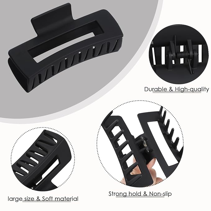 4.1 Inch Large Hair Claw Clips 8 Pcs Rectangle Big Hair Clips for Thick Hair Nonslip Claw Acrylic Banana Jaw Clips Hair Accessories for Women and Girls (Black)