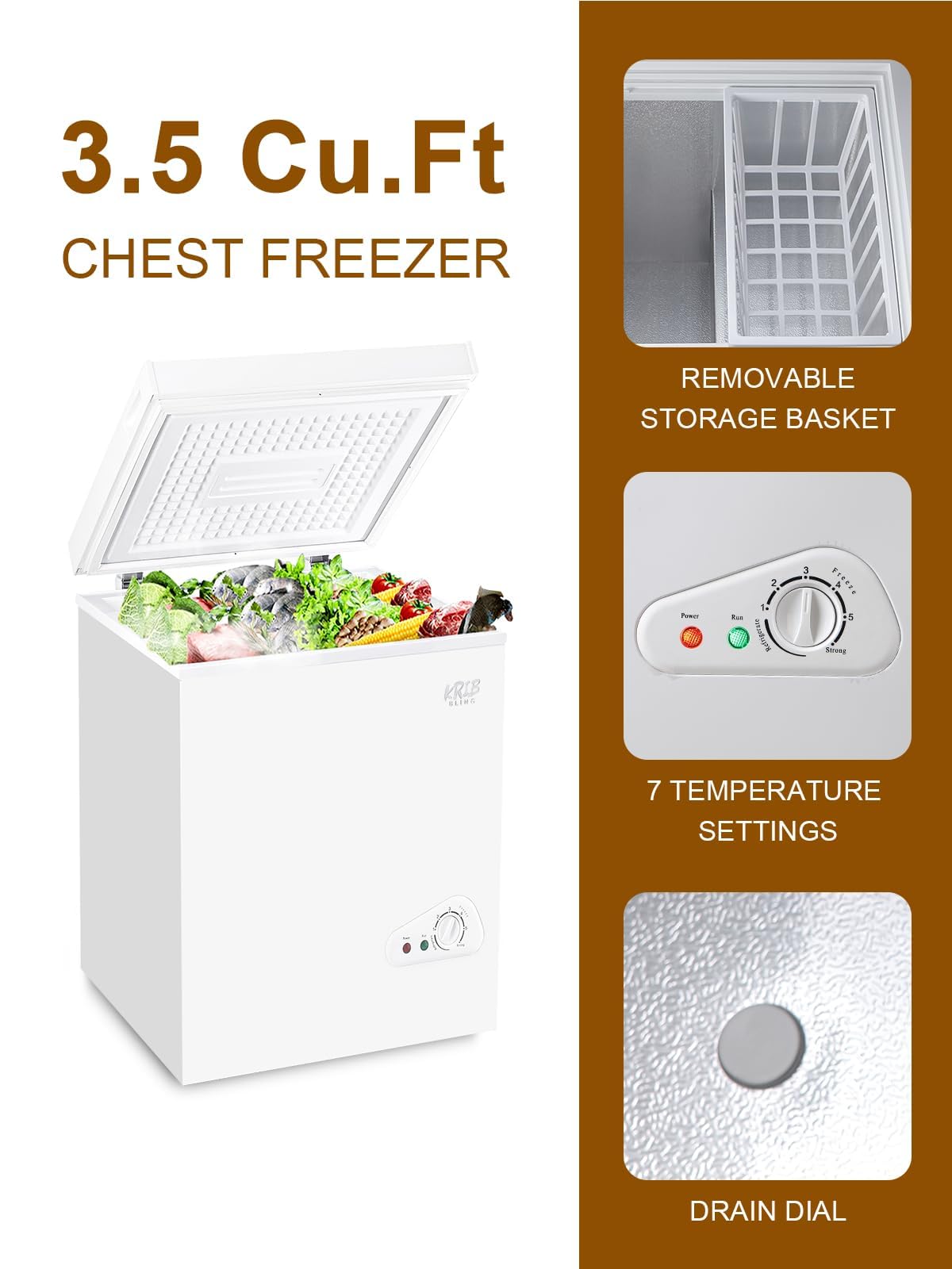 3.5 Cu.Ft Chest Freezer Compact Deep Freezer with Top Mini 7 Gears Temperature Control Open Door and Removable Storage Basket White