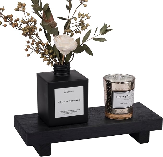 zoocatia Small Wood Tray Pedestal Stand Farmhouse Bathroom Decor Decorative Wooden Riser Kitchen Soap Dish Holder for Vanity, Counter, Sink, Black