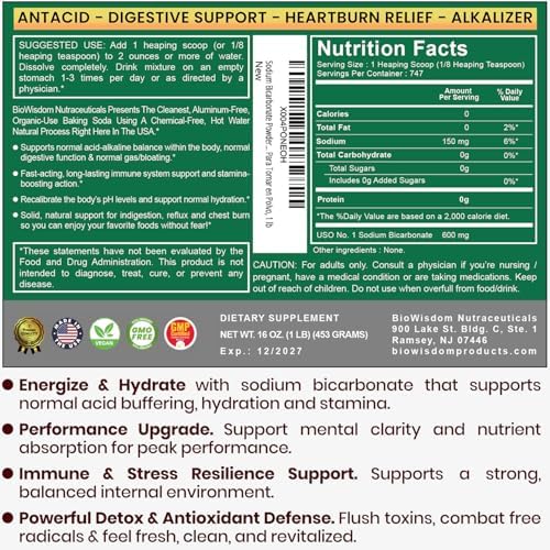Sodium Bicarbonate Powder for Organic Use, Grade 1 Aluminum Free Baking Soda, Natural No Chemicals, Pure Powder for Cooking, Bicarbonato De Sodio Para Tomar en Polvo, 1 lb