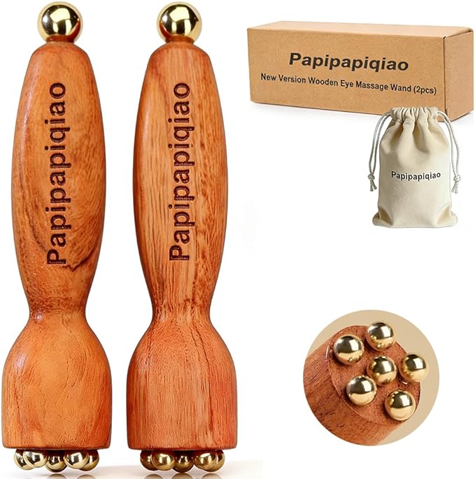 2Pcs Facial Massage Tool for Eye Massage Reduce Puffiness and Dark Circles Facial Meridian Brush Rosewood Handle Copper Massage Beads Chinese SPA Gua Sha Tool (Rosewood)