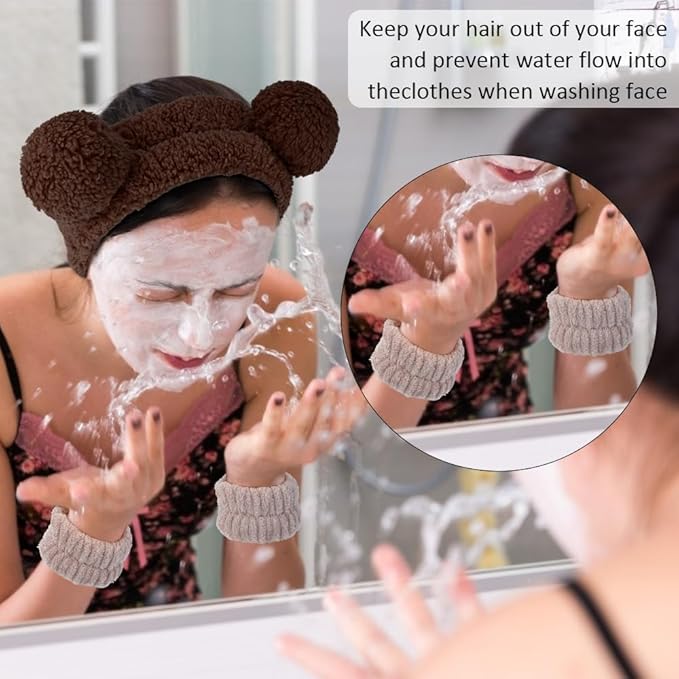 AHONEY Spa Bear Ears Headband, Face Wash Headband and Wristband Set, Cute Makeup Skincare Headbands Wrist Bands for Washing Face Fluffy Headband for Women Girls Elastic Hair Band (Brown)
