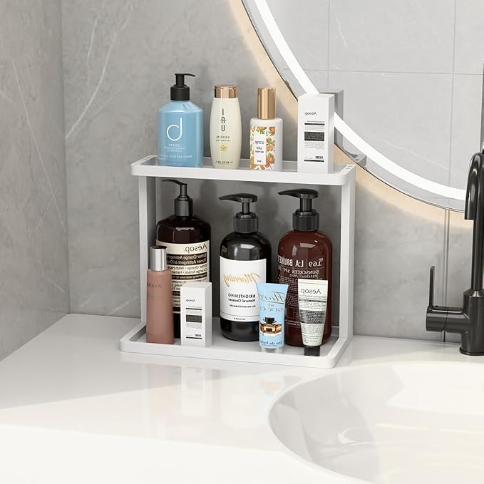 PEKER Bamboo Bathroom Organizer Countertop Ã¢ÂÂ Small Vanity Storage Shelf for Makeup, Perfume, Skincare Ã¢ÂÂ Natural Cosmetics Display Rack for Dresser, Sink, Kitchen Ã¢ÂÂWhite