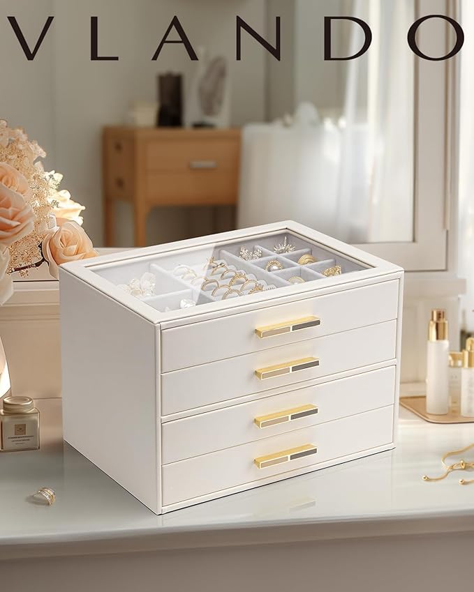 VLANDO 4 Layer Jewelry Box for Women, Glass Lid Jewelry Organizer with 4 Drawers for Necklaces Rings Earrings Bracelets - Cloud White