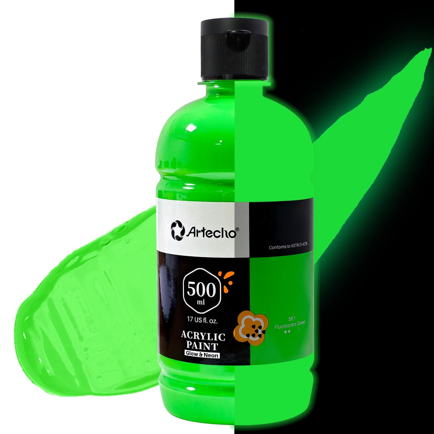 Artecho Green Glow in the Dark Acrylic Paint - Large Bottle 500ml / 17oz, Craft Paint for Canvas, Rocks, Wood, Fabric, Ceramic, Non-Toxic