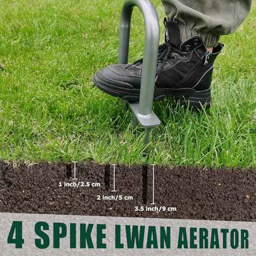 Manual Lawn Aerator for Compacted Soil Aerating - Height Adjustable Handheld Spike Aerator with 4 Steel Tines