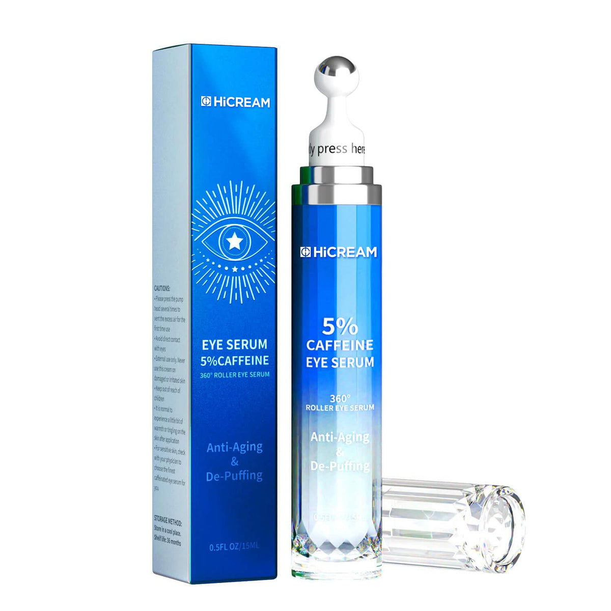 5% Caffeine Peptide Eye Serum, Under Eye Roller Cream for Dark Circles, Puffiness, Bags Under Eyes - 360Â° Massage Ball Cream for Wrinkles, Fine Lines and Firming (Dark Blue)