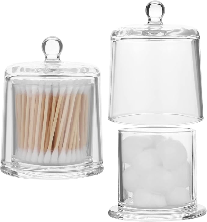 Qtip Holder Thick Glass Apothecary Jars with Lid for Bathroom Accessories Vanity Organizers and Makeup Storage for Cotton Ball, Swabs, Candy, Jewelry, Bathroom Decor, 2 Pack Clear