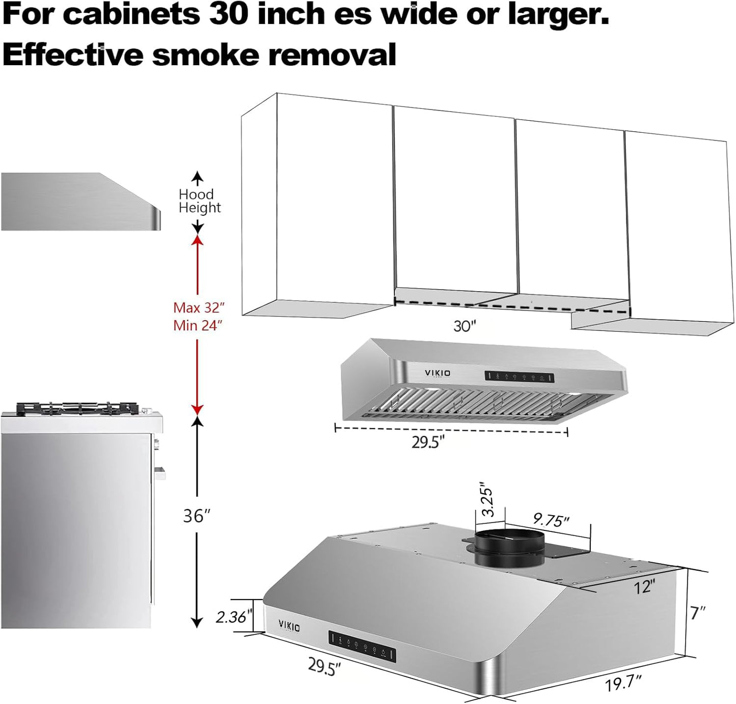 VIKIO HOME Range Hood 30 Inch Under Cabinet, Kitchen Hood with 980 CFM, 3-Speed Gesture Sensing & Touch Control Panel, Stainless Steel Vent 2 Pcs Baffle Filters with Handlebar