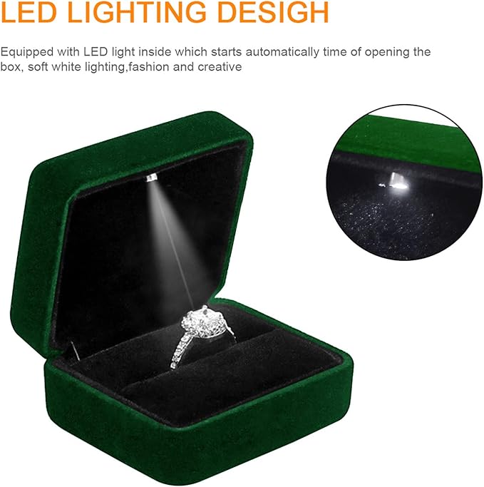 GBYAN Ring Box with LED Light Velvet Emerald Jewelry Box