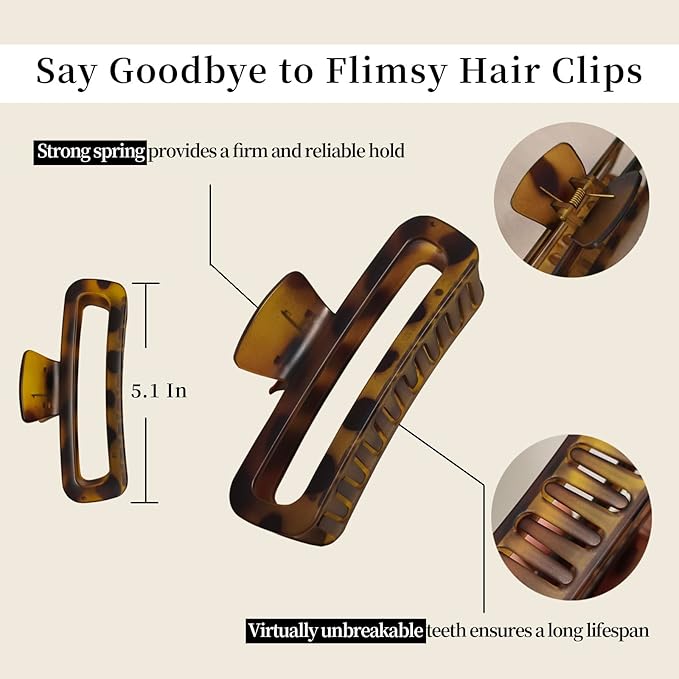 5 Inch Hair Claw Clips Extra Large Square No Slip Big Matte & Glossy XL Rectangle Clip for Thick Curly Long Hair Women, 4 Pack
