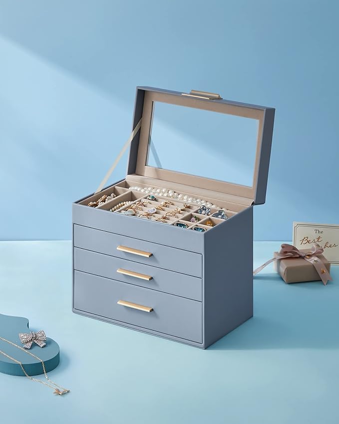 SONGMICS GISELLA Collection - Jewelry Box Organizer, 4-Layer Jewelry Storage with 3 Drawers, Shiny Metal Hardware, Glass Lid, Modern, 6 x 9.9 x 8.5 Inches, Smoky Blue and Gold Color UJBC161Q01