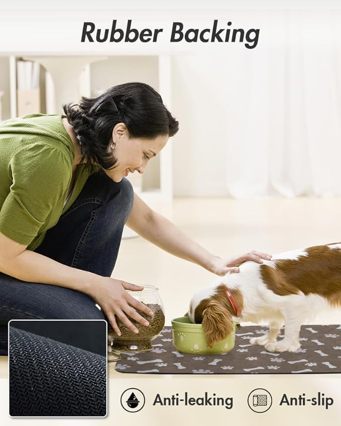 MontVoo Dog Food Mat-Pet Feeding Mat for Food and Water-No Stains Quick Dry Dispenser Cat Bowl Mat for Messy Drinkers(16"X24" Brown)