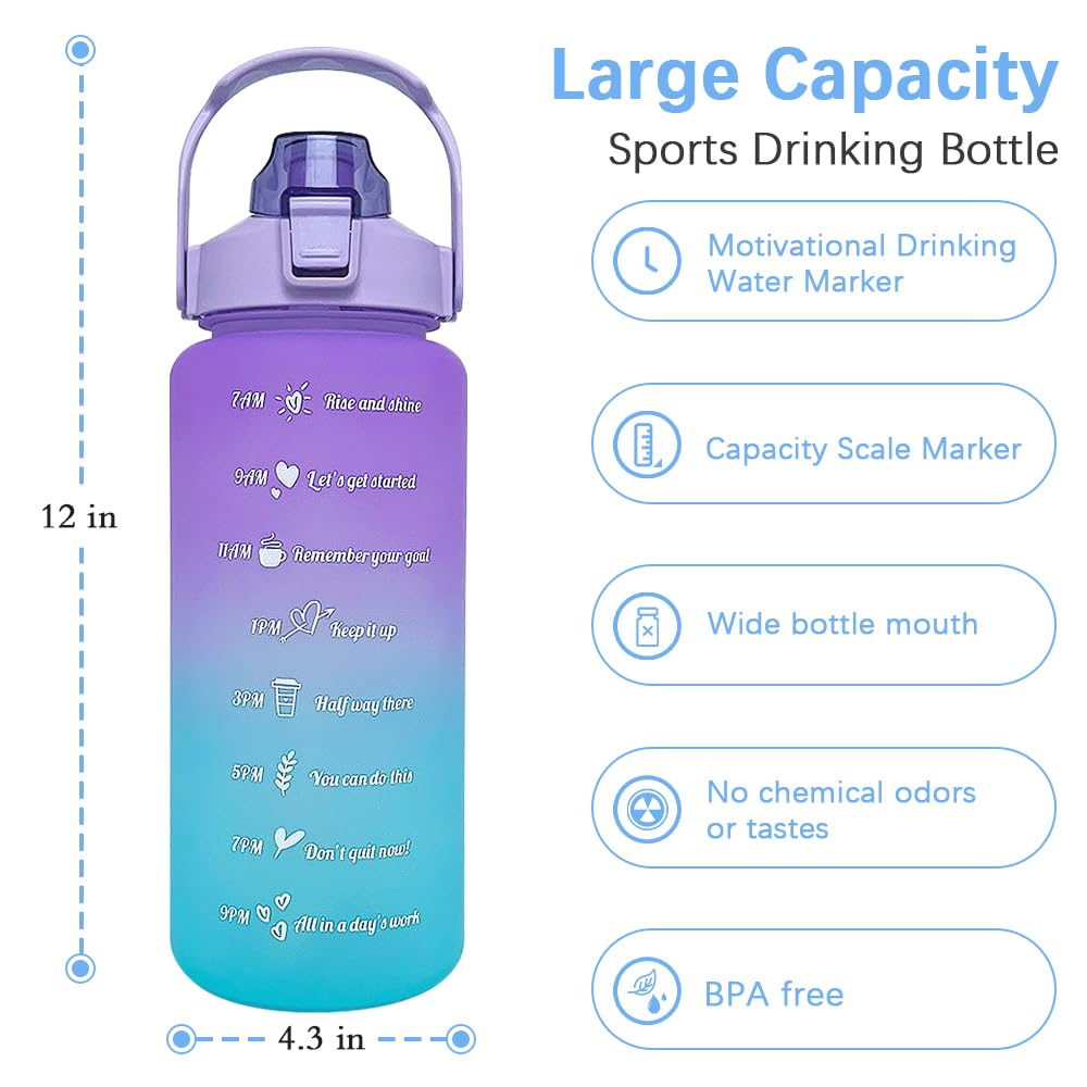 EITMOW 64 oz Large Capacity Water Bottle with Motivational Time Markers and Straw, Portable, Leakproof, BPA Free for Fitness, Gym and Outdoor Sports. (Purple)