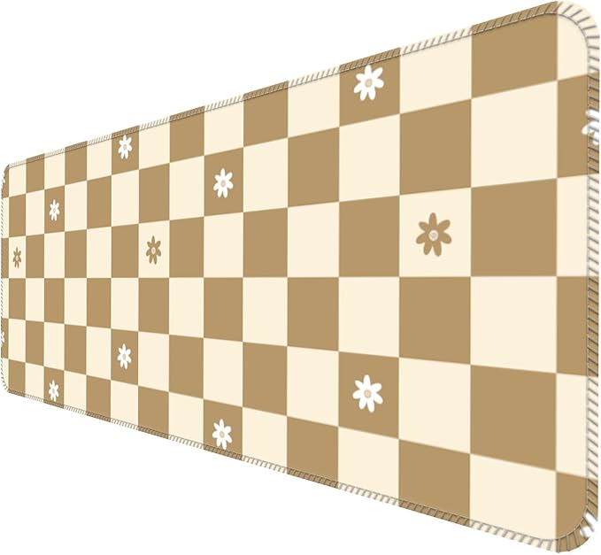 Desk Mat,Big Desk Pad,31.5 x 11.5in Extended Gaming Mouse Pad,Large Mouse Pad for Desk Rubber Base Mousepad with Stitched Edges,Keyboard Mouse Mat for Work Game Office Home - Beige Chessboard Flower