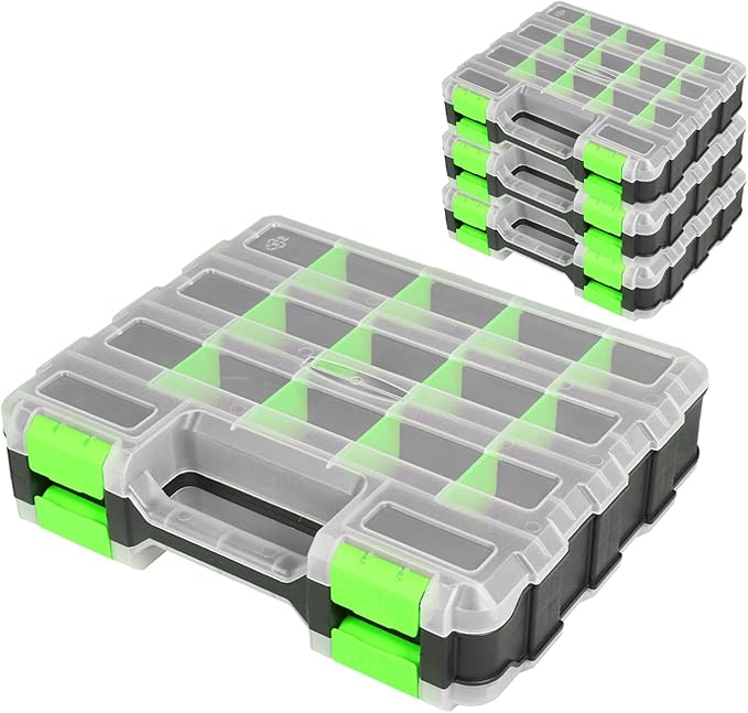 Tool Box with Transparent Lid, Double Side 34-Compartments Organizer Box with Removable Dividers for Hardware, Screws, Bolts, Nails, Beads, Jewelry and Fishing Accessories, Green, 4 Pack