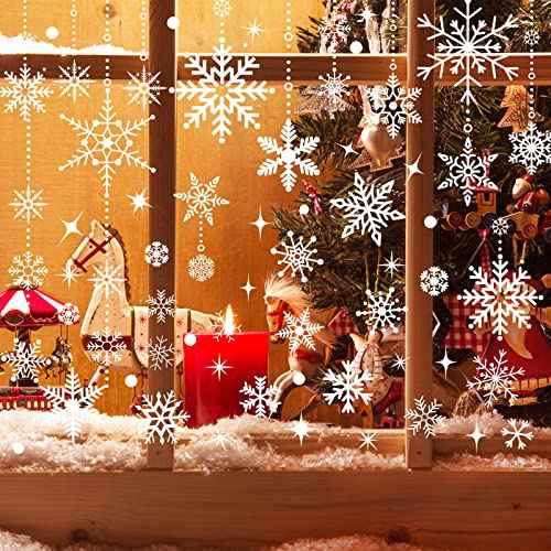 AnyDesign White Snowflake Windows Clings Christmas Window Decals 215 Pcs Winter Double-Sided Window Stickers for Xmas Winter New Year Home School Office Decoration Party Supplies, 9 Sheets
