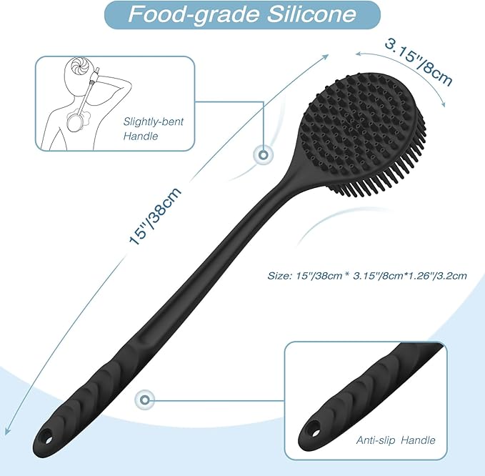 Manmihealth Silicone Back Scrubber (Thick Bristles) & Bath Glove & Face Brush Set(3PCS), Super-Exfoliating & Lathering Body Scrubber, Shower Brush, Face Scrubber Combination, with a Free Hook.(Black)