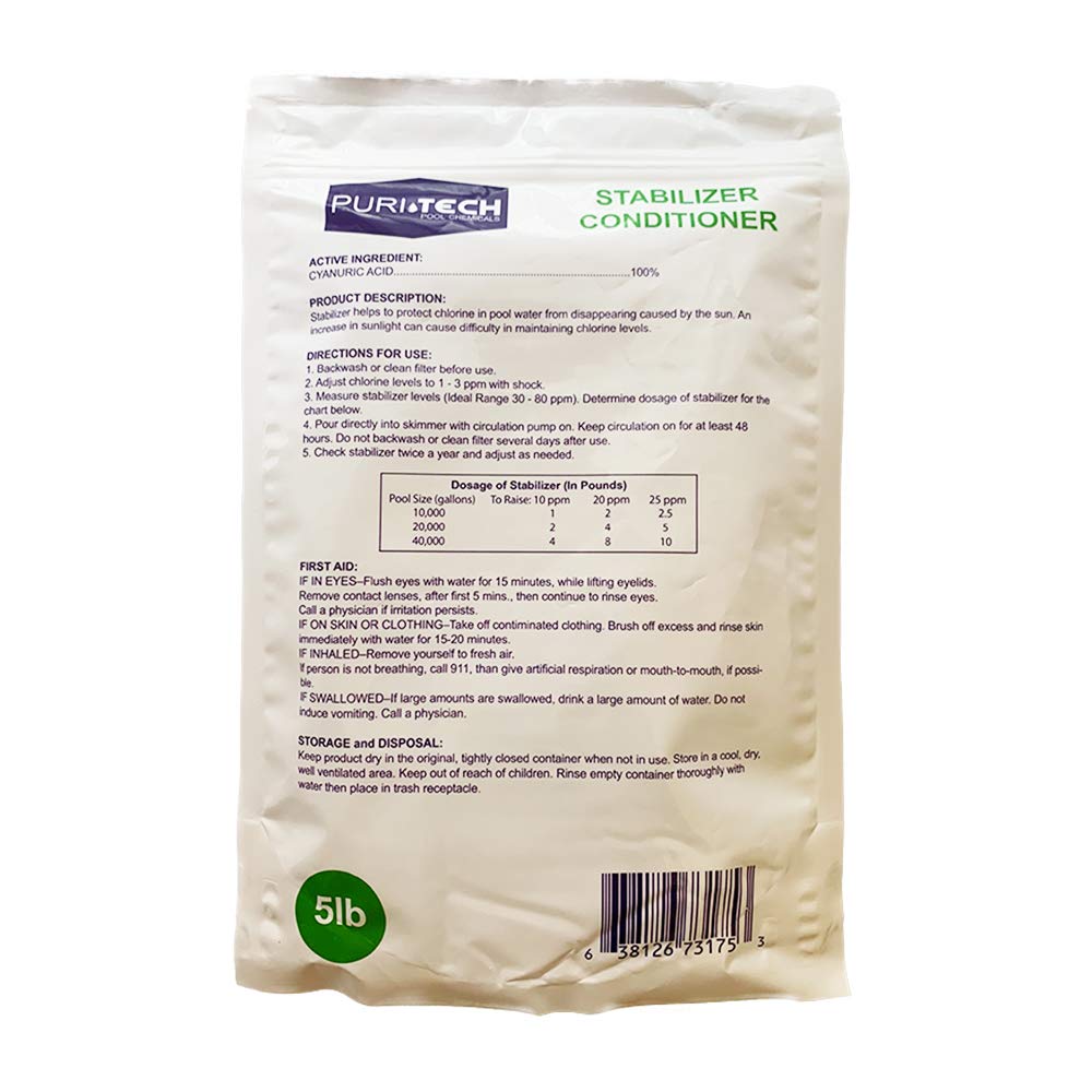Puri Tech Pool Chemicals Stabilizer & Conditioner – 100% Cyanuric Acid for Pools and Spas, UV Protection for Chlorine Dissipation, Fast Acting - 5 lb