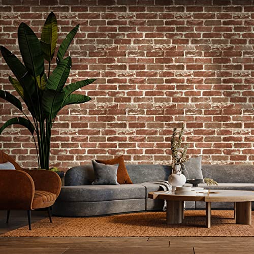17.5" x 118" Flat Faux Brick Stone Wallpaper Roll Wall Decor Stick on Door Countertop Liners Blocks Vintage Red