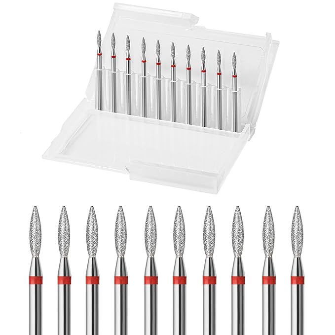10pcs Diamond Flame Cuticle Drill Bits Set, Professional Cuticle Nail Drill Bits for Dead Skin 3/32'' Nails Dry Manicure Pedicure Shape Remove Nail Salon Tools(Fine-F)