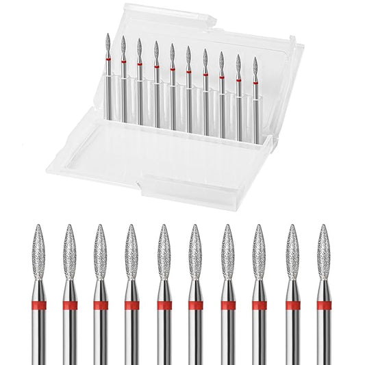 10pcs Diamond Flame Cuticle Drill Bits Set, Professional Cuticle Nail Drill Bits for Dead Skin 3/32'' Nails Dry Manicure Pedicure Shape Remove Nail Salon Tools(Fine-F)