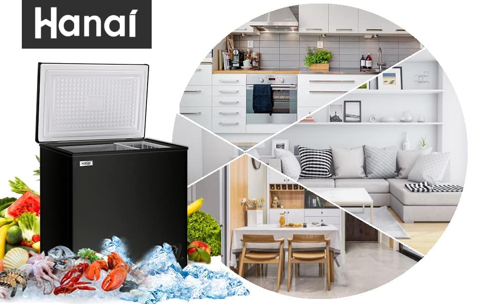 5.0 Cubic Feet Deep Chest Freezer Compact Freezers with Adjustable Thermostat Top Open Door Freezer Compressor Cooling with Rmovable Storage Basket for Home Kitchen Office and Bar (Black)