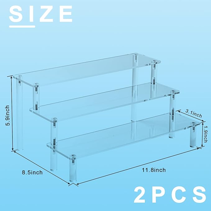 Hoewina 2PCS Acrylic Risers Display Stands, 3 Tier Perfume Organizer Display Shelf & Versatile Cupcake Stand Holder, Display Risers for Figures, Dessert Shelves for Party for Decoration and Organizer