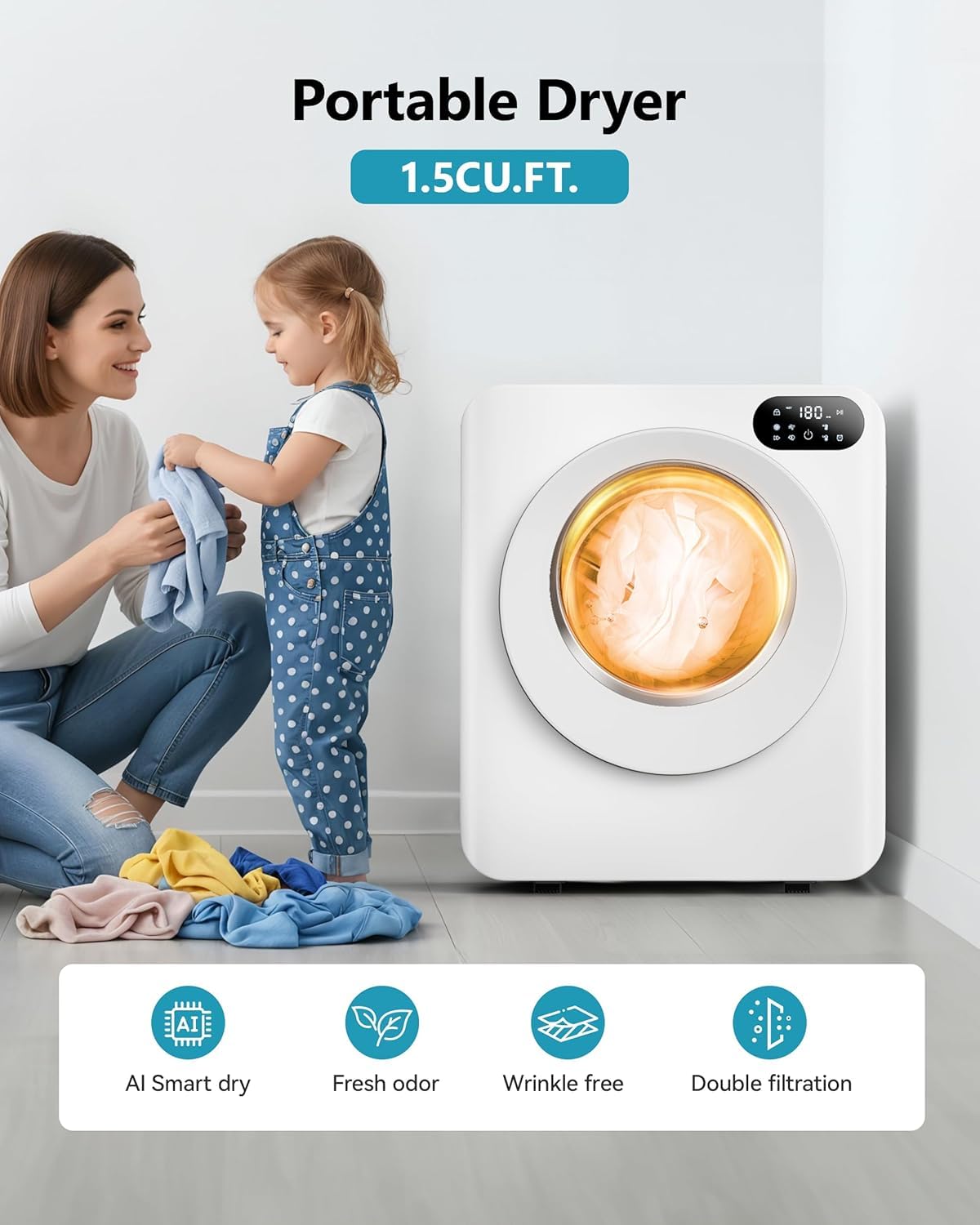 Euhomy Portable Dryer，1.5 Cu.Ft Clothes Dryer with Stainless Steel Drum, 850W Drying Machine with Exhaust Pipe, LED Control Panel For Apartments, Home, Dorm, White